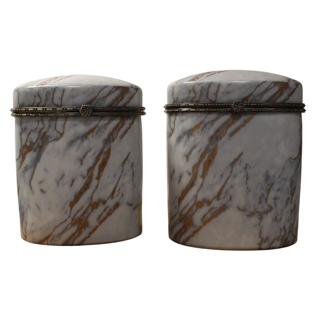 2 Three Hands Marble-Look Ceramic Jars w/Metal Trim Decorative Storage Container